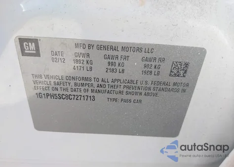 2012 Chevrolet Cruze Ltz z USA, uszkodzony, nr VIN 1G1PH5SC8C7271713